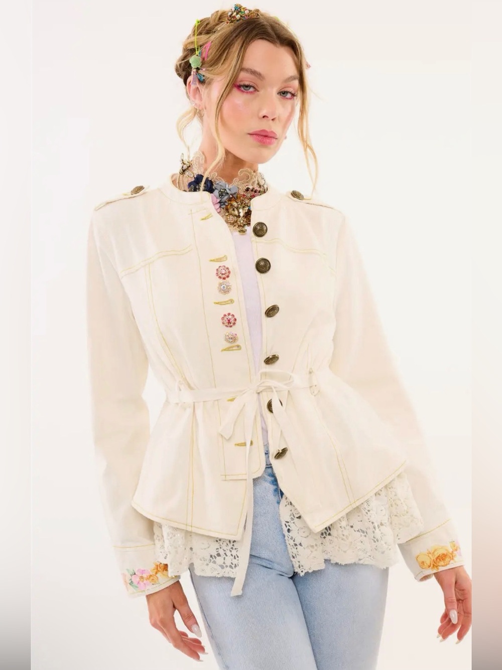 Aratta -Birth of Venus Button Up Mandarin Lace Trim Embroidered Jacket - Small